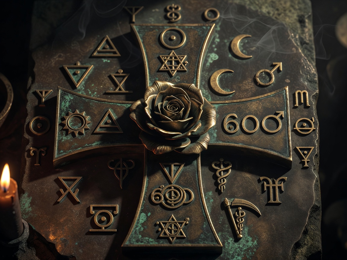 Rose cross and alchemical symbols